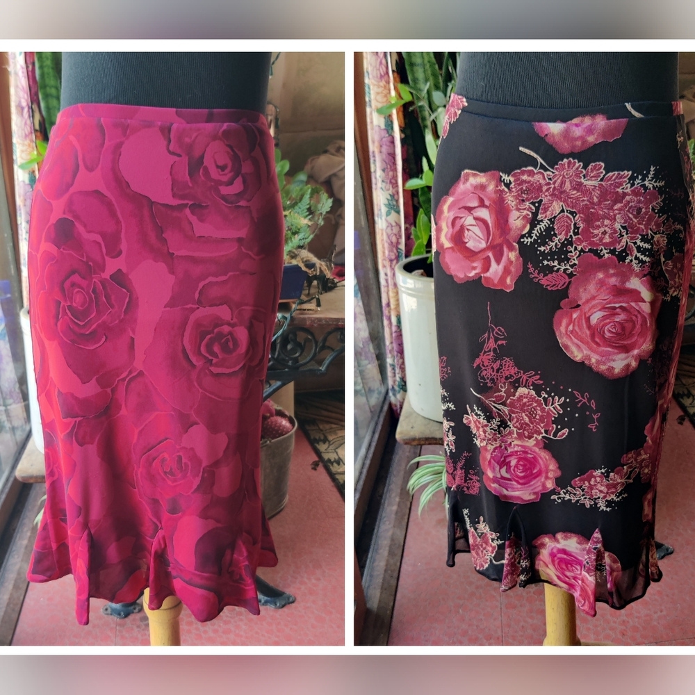 Vintage Express Dark Floral Skirt XS Set of 2 Ruffle Hem Goth Stretch Whimsigoth